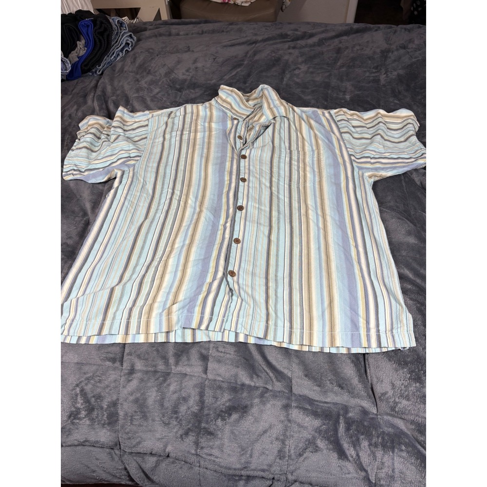 Tommy Bahama XL Silk Shirt Blue Tan Striped Button Down Short Sleeve Mens